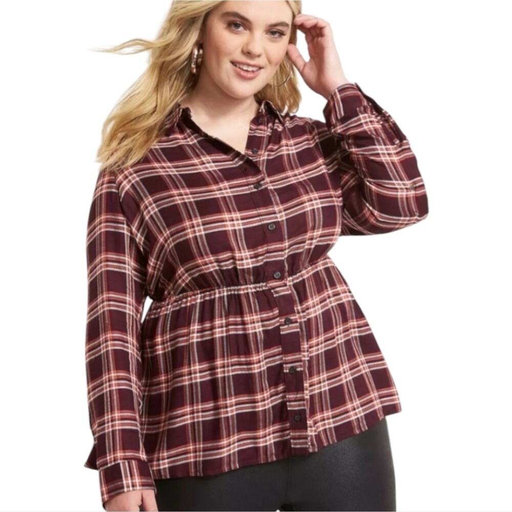 Lane Bryant Plus Size Flannel Shirt Blouse Top Cinched Waist Burgundy Plaid